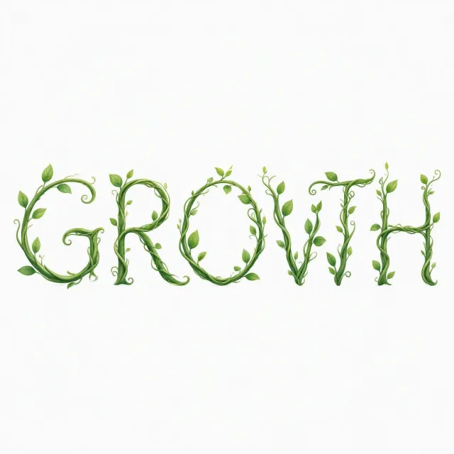 The word 'GROWTH' visualized using stylized plant vines organically forming the letters, green tones, white background, graphic design. - MAI-Image-2.6