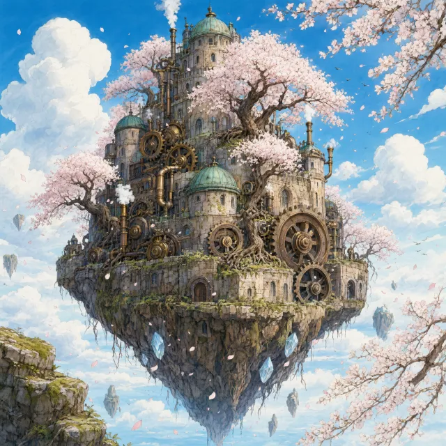 A floating steampunk castle in the sky with intricate mechanical gears and cherry blossom… - Alibaba Qwen-Image-3.0-Pro