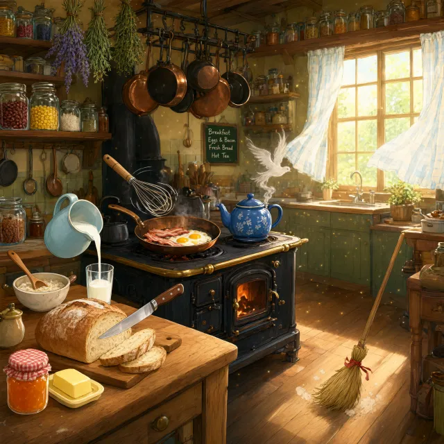 A kitchen with magical cooking implements preparing breakfast. Duplicate the artistic… - Alibaba Qwen-Image-3.0-Pro