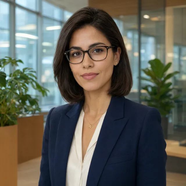A professional headshot of a businesswoman wearing glasses, against a blurred background - Alibaba Qwen-Image-3.0-Pro