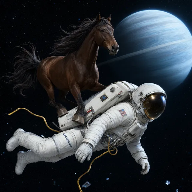 A realistic astronaut being ridden by a horse, photorealistic depiction in outer space with accurate lighting and proportions - Qwen-Image-3.0-Pro