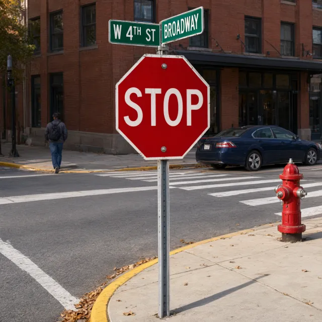 A red stop sign on a street corner displaying the word "STOP", photorealistic urban… - Alibaba Qwen-Image-3.0-Pro