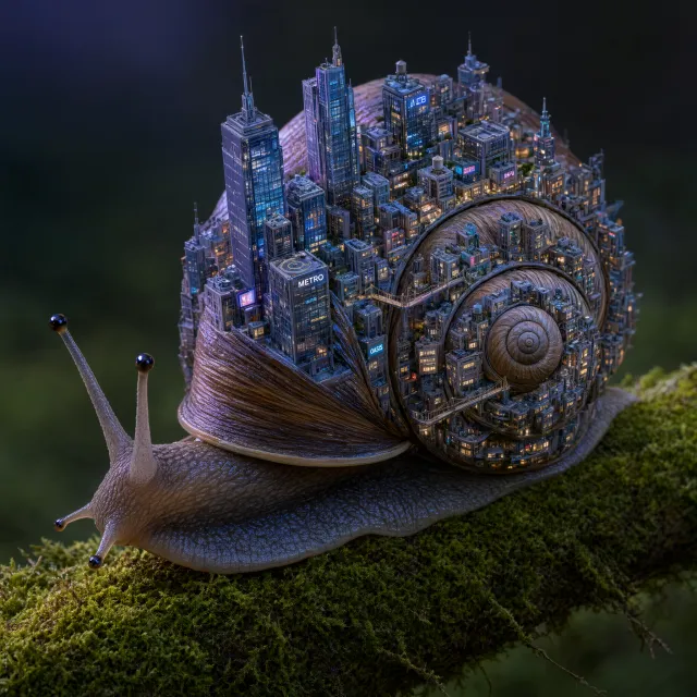 A snail whose shell contains a miniature city skyline, depicted in a hyperrealistic macro… - Alibaba Qwen-Image-3.0-Pro