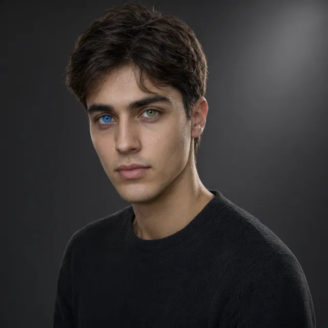 A studio headshot of a young man with one blue eye and one green eye (heterochromia). - Qwen-Image-3.0-Pro