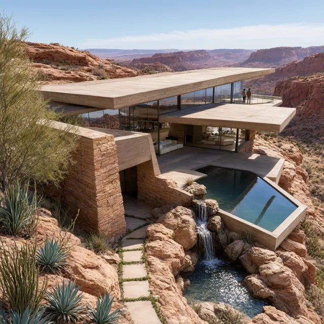 Aerial view of a modernist desert home, in the style of Frank Lloyd Wright's Fallingwater… - Alibaba Qwen-Image-3.0-Pro