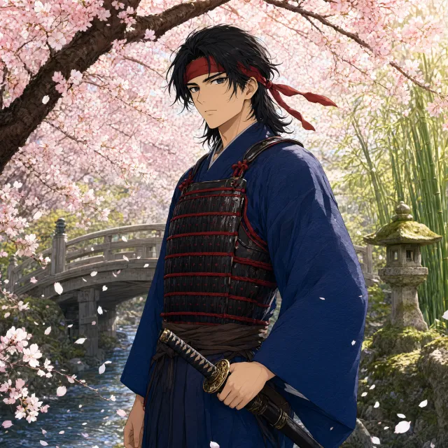 An anime-style portrait of a samurai standing under pink cherry blossoms. - Qwen-Image-3.0-Pro