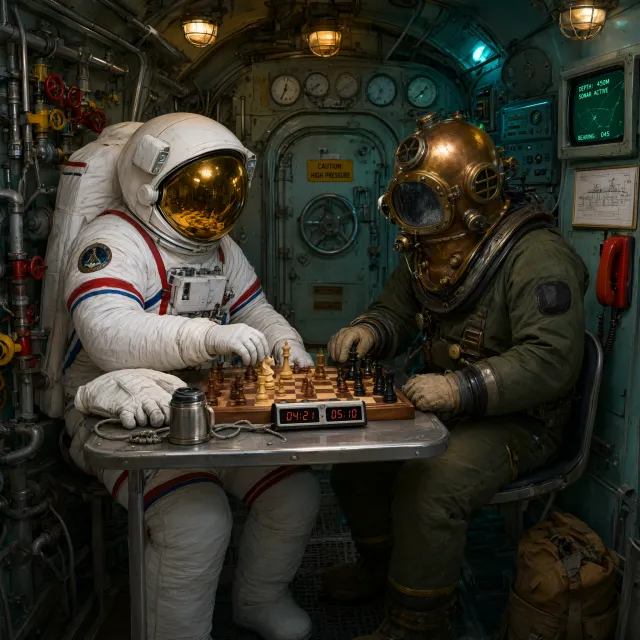 An astronaut and a deep-sea diver playing chess together inside a submarine. - Qwen-Image-3.0-Pro