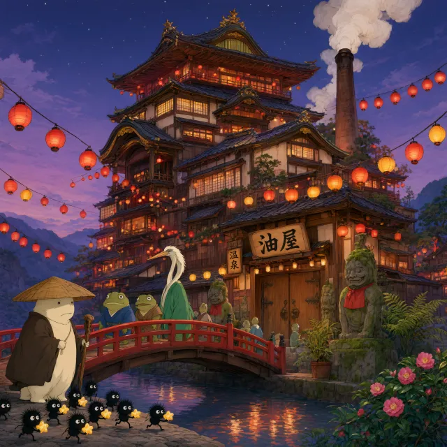 An enchanted bathhouse with glowing lanterns and spirits. Recreate the visual style of… - Alibaba Qwen-Image-3.0-Pro