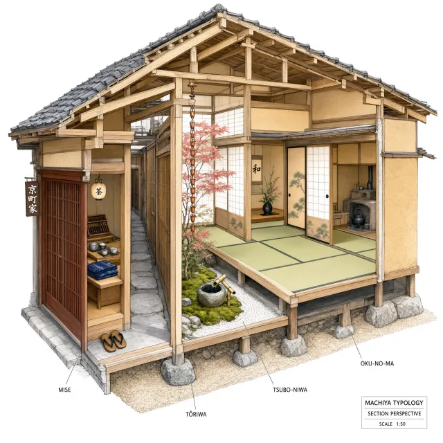 Cutaway architectural drawing of a traditional Japanese machiya townhouse showing all rooms and structural elements. Include accurate proportions, traditional joinery, and typical spatial organization. - Qwen-Image-3.0-Pro