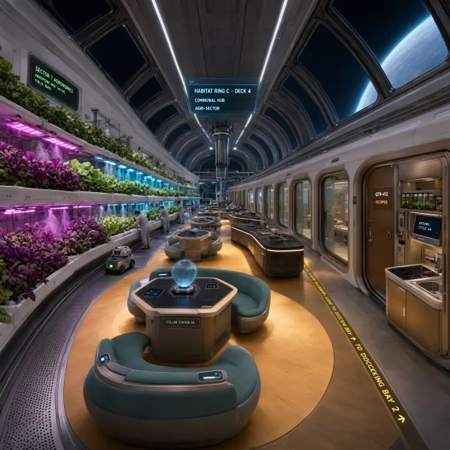 Interior of a futuristic space habitat with hydroponics gardens, communal areas, and living quarters. Show curved walls, artificial gravity considerations, and multipurpose furniture designs. - Qwen-Image-3.0-Pro