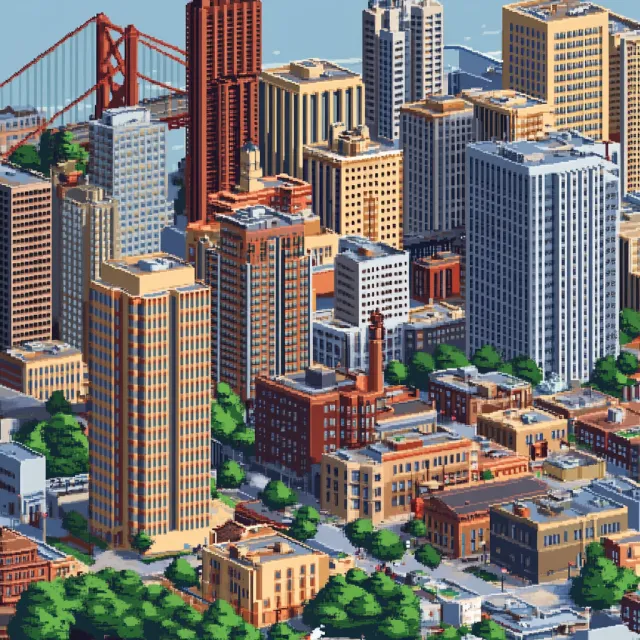 Pixel art cityscape of San Francisco in the iconic SimCity 2000 style, isometric view… - Midjourney V6.1