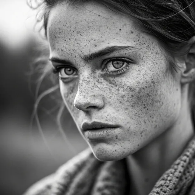 A black and white close-up portrait of a freckled woman with an intense gaze - Recraft V3
