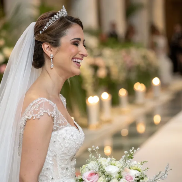 A bride on her wedding day, smiling with tears of joy in her eyes - Recraft V3