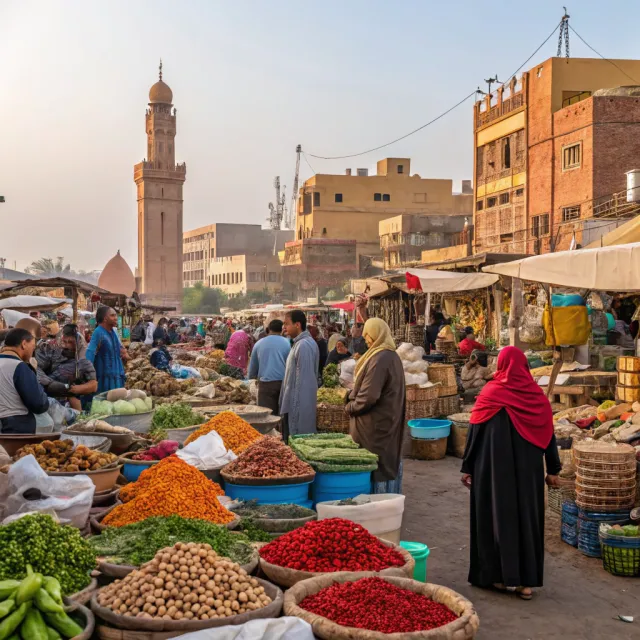 A bustling market scene with dozens of people buying and selling goods - Recraft V3