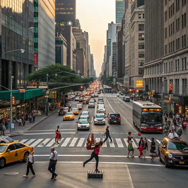 A busy city intersection with cars, pedestrians, and street performers all in one frame - Recraft V3