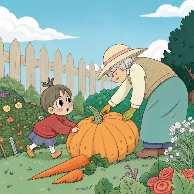 A child and elder tending oversized vegetables in a garden. Reproduce the artistic style… - Recraft V3