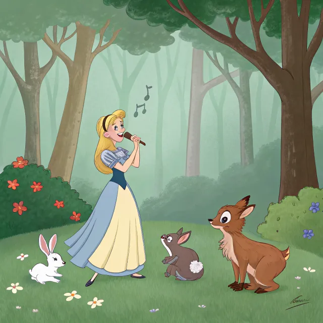 A classic Disney-like 2D cartoon princess singing with animals in a forest - Recraft V3