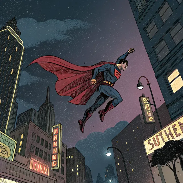 A comic-book style superhero flying over a city at night, with halftone shading - Recraft V3