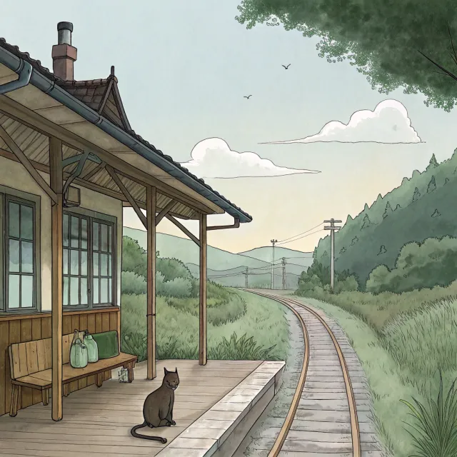 A countryside train station with a cat waiting on a bench. Rendered in Studio Ghibli animation style with Miyazaki's watercolor backgrounds and hand-drawn quality. - Recraft V3