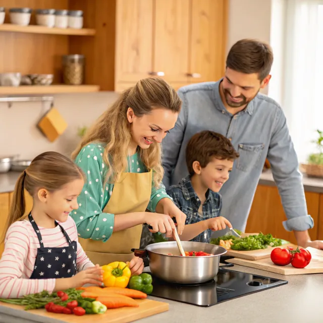 A family cooking together in a kitchen, each person busy with a different task - Recraft V3