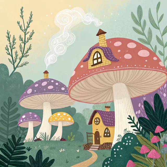 A forest of giant mushrooms with houses built on top of them, rendered in a whimsical… - Recraft V3