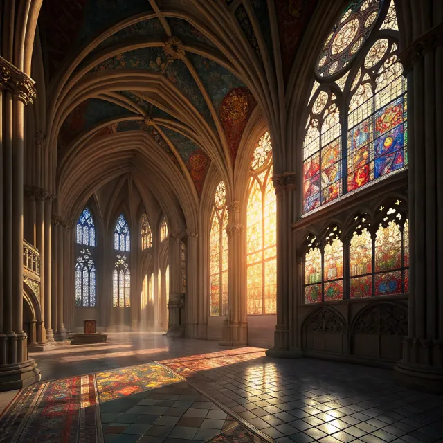 A Gothic cathedral interior at sunset with light streaming through detailed stained glass… - Recraft V3