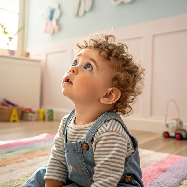 A hyper-realistic photo of a toddler with curly hair and big eyes, looking upward. - Recraft V3