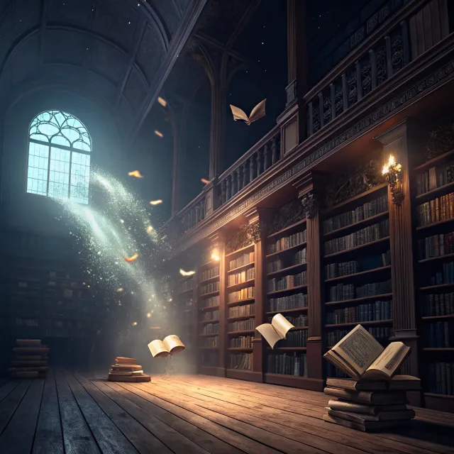 A library where the books are glowing and floating in mid-air, illustrated in a magical… - Recraft V3