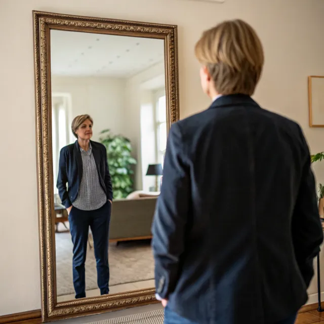 A person standing before a mirror, with their front and reflected back both visible - Recraft V3