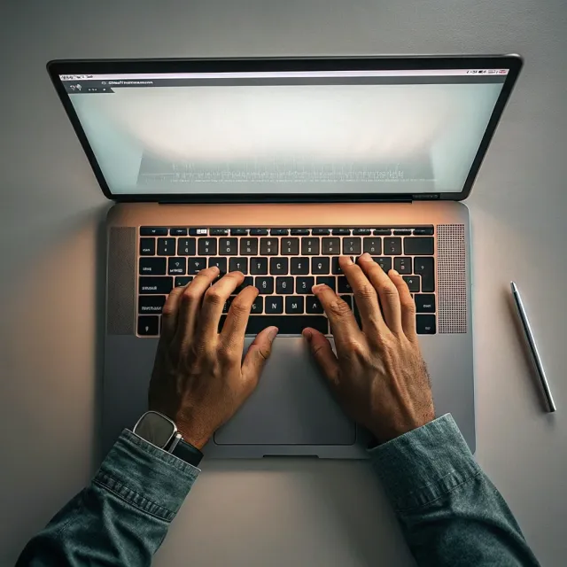 A person typing on a laptop keyboard, showing both hands on the keys - Recraft V3