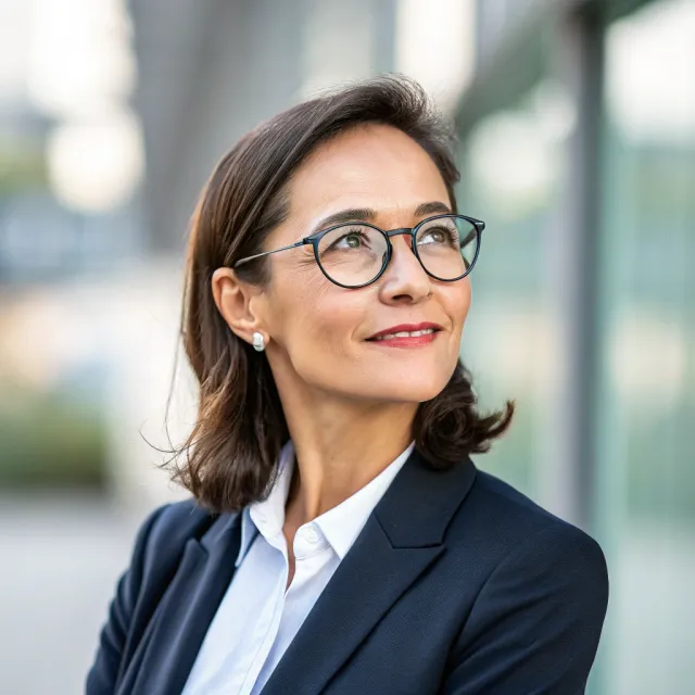 A professional headshot of a businesswoman wearing glasses, against a blurred background - Recraft V3
