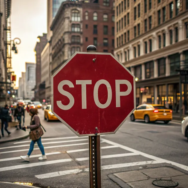 A red stop sign on a street corner displaying the word "STOP", photorealistic urban… - Recraft V3