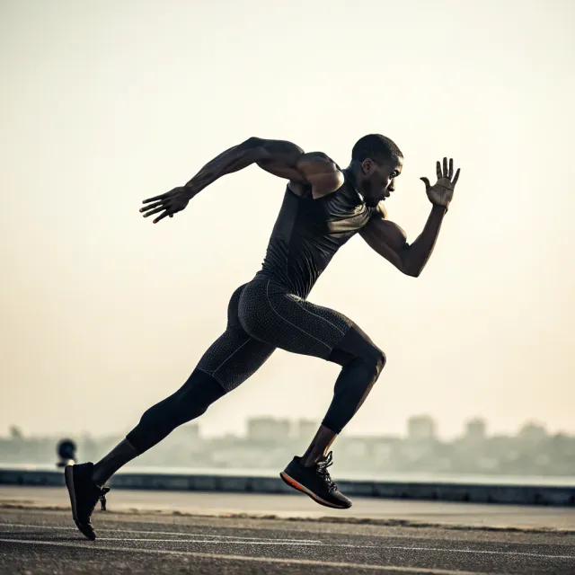 A runner mid-stride in a full-body action shot, limbs in motion and well-defined - Recraft V3