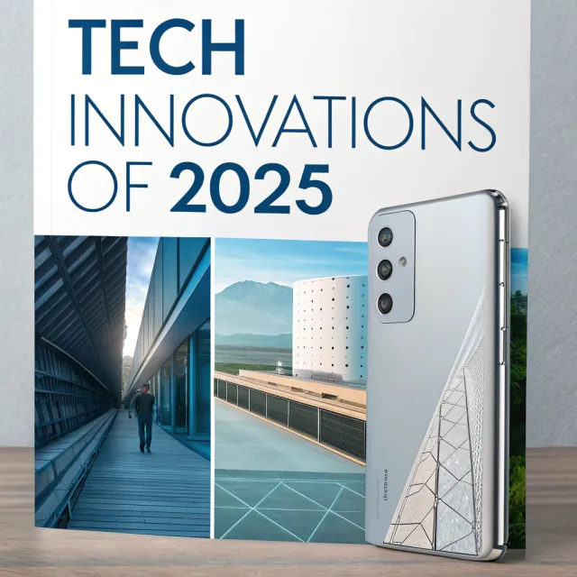 A technology magazine cover featuring the headline "Tech Innovations of 2025," clean… - Recraft V3