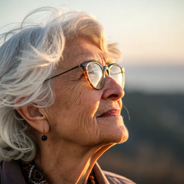 A ultra high-resolution portrait of an elderly woman with silver hair and bifocal… - Recraft V3