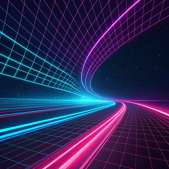 Abstract background graphic, cyberpunk aesthetic, neon pink/blue light trails on dark… - Recraft V3