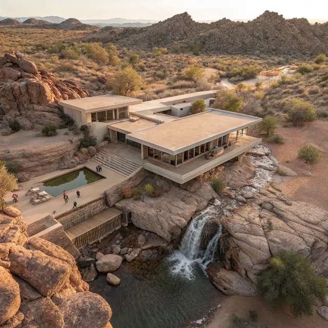 Aerial view of a modernist desert home, in the style of Frank Lloyd Wright's Fallingwater… - Recraft V3