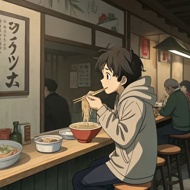 An anime scene of a character eating ramen at a small shop counter (slice-of-life style) - Recraft V3
