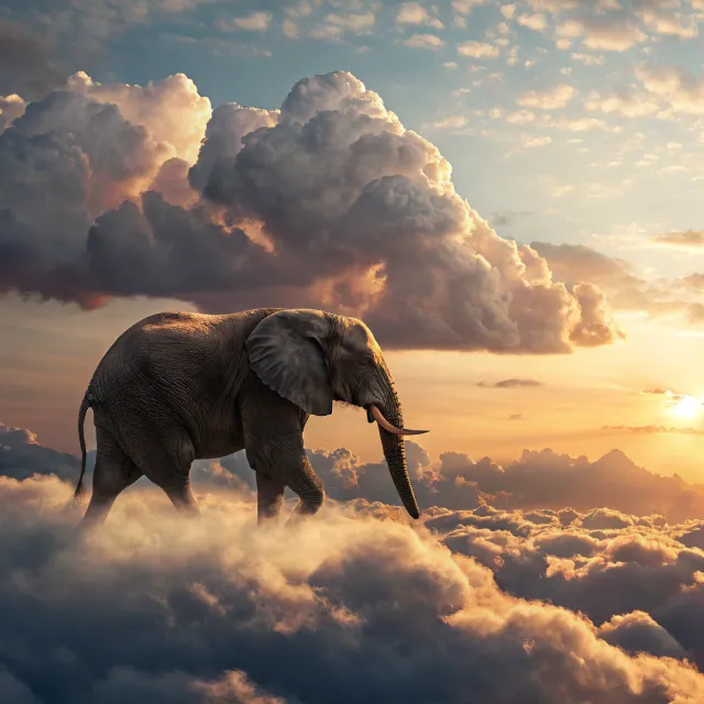 An elephant made of clouds floating in a sunset sky, rendered in a surrealist… - Recraft V3