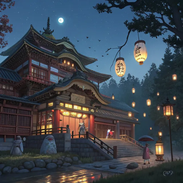 An enchanted bathhouse with glowing lanterns and spirits. Recreate the visual style of… - Recraft V3