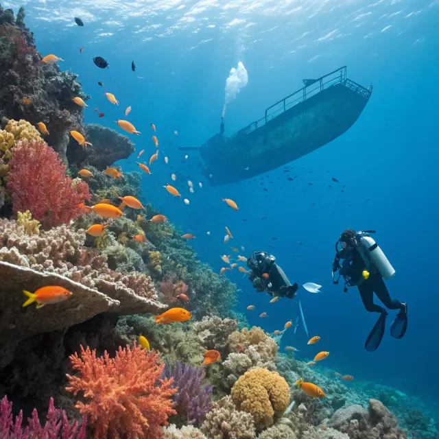 An underwater scene with scuba divers exploring a coral reef alongside colorful fish and a sunken ship. - Recraft V3