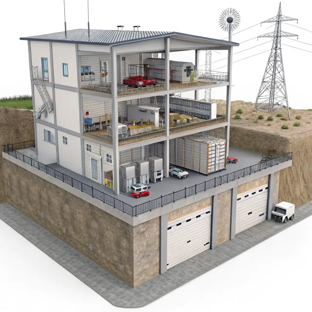 Cross-section rendering of a multi-level underground bunker with different functional… - Recraft V3