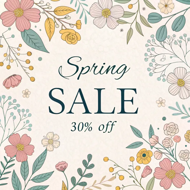 Instagram post graphic: 'SPRING SALE 30% OFF'. Floral background, pastel colors, elegant… - Recraft V3
