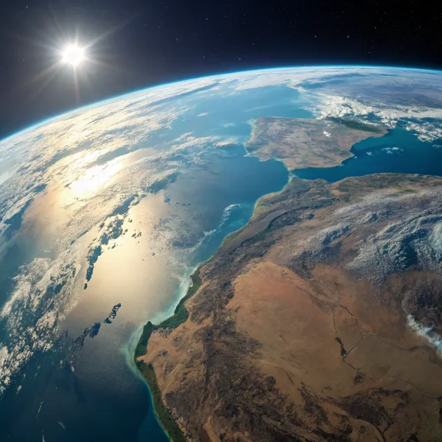 Photorealistic aerial photograph clearly showing the edge of the Earth from space, capturing realistic curvature, atmosphere, and sunlight reflections - Recraft V3