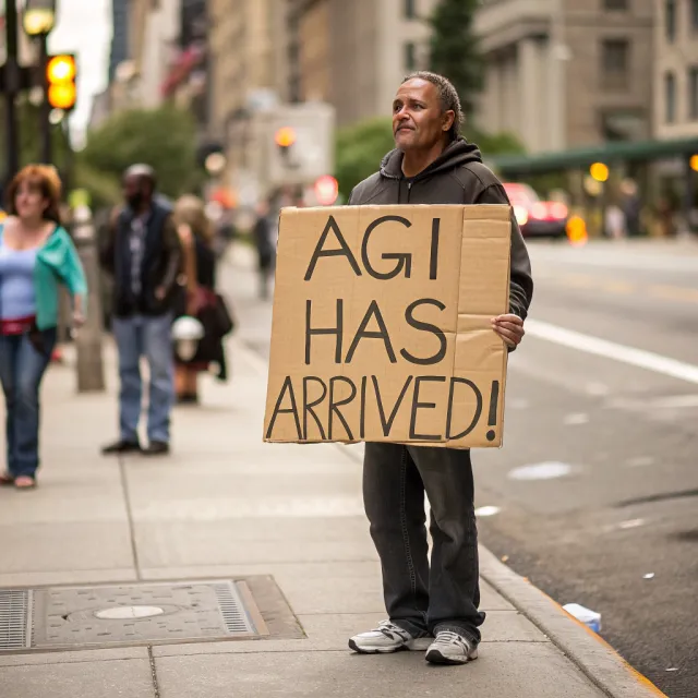 Photorealistic daytime street photograph, clearly showing a man standing still on a busy… - Recraft V3