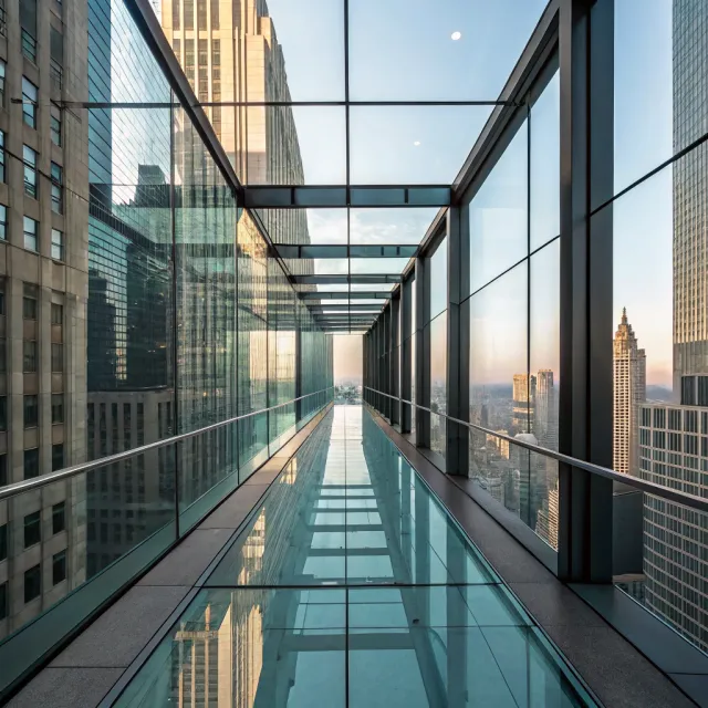 Photorealistic rendering of a contemporary glass skybridge between two skyscrapers, seen… - Recraft V3