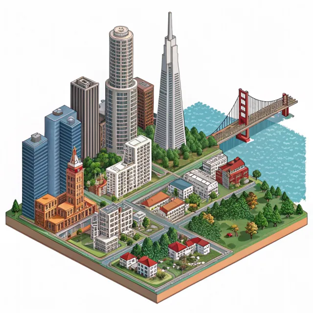 Pixel art cityscape of San Francisco in the iconic SimCity 2000 style, isometric view… - Recraft V3