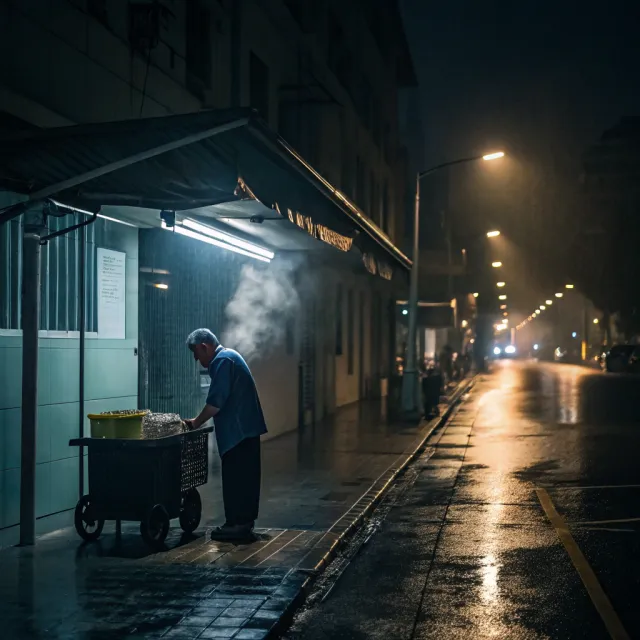 Rain-slicked Singapore street, 3 AM. A lone elderly hawker cleans his cart under one… - Recraft V3