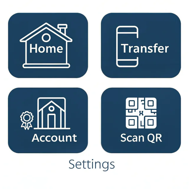 Set of 5 consistent flat design icons for a mobile banking app: 'Home', 'Transfer'… - Recraft V3