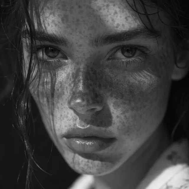 A black and white close-up portrait of a freckled woman with an intense gaze - Recraft V4.1